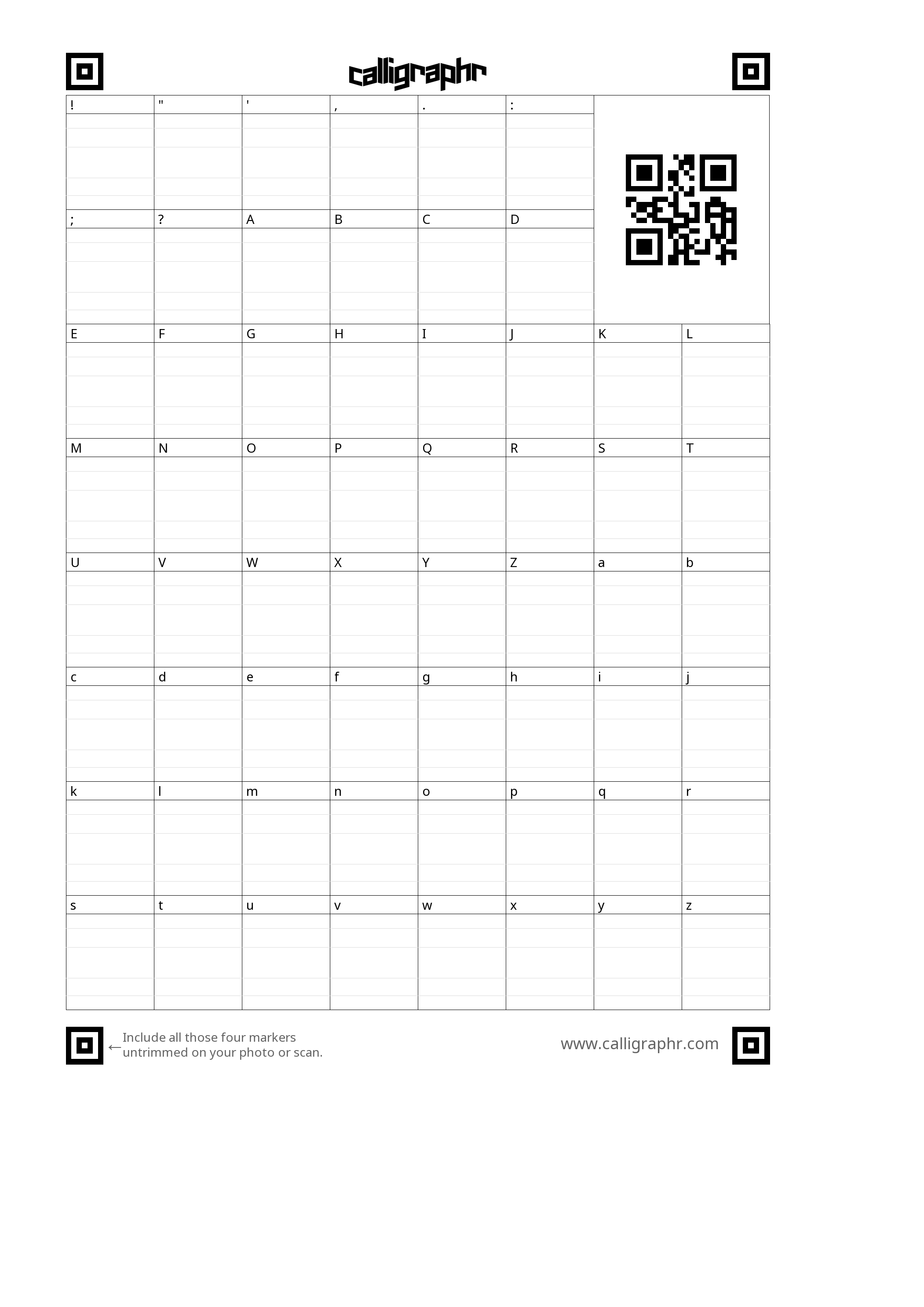 A calligraphr.com oldalról nyomtatáshoz letölthető, betűkből és számokból álló sablon. Az ingyenes verzió betűtípusonként legfeljebb 75 karaktert engedélyez.