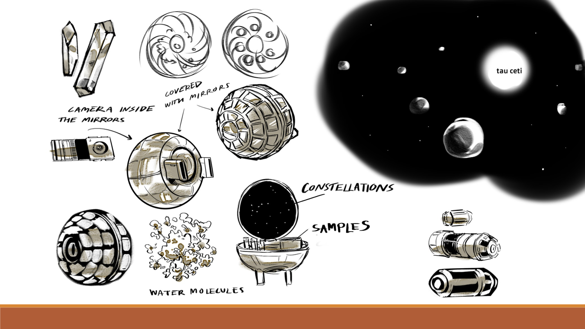 Tekeningen van een klein apparaat dat de ruimte in kan worden gestuurd met aan boord een moleculenmonster en een kaart van gesternten die vanaf de aarde zichtbaar zijn.