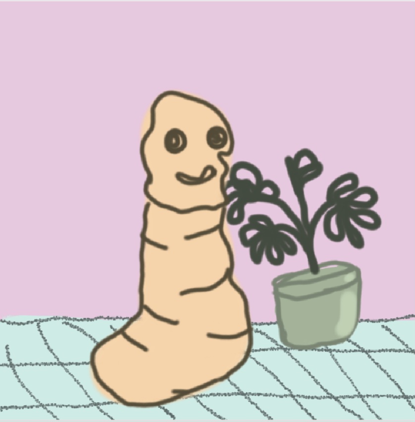 Dieses Bild zeigt eine mit Animationn Desk erstellte Figur (Wurm) vor einem ebenfalls mit Animation Desk erstellten Hintergrund.