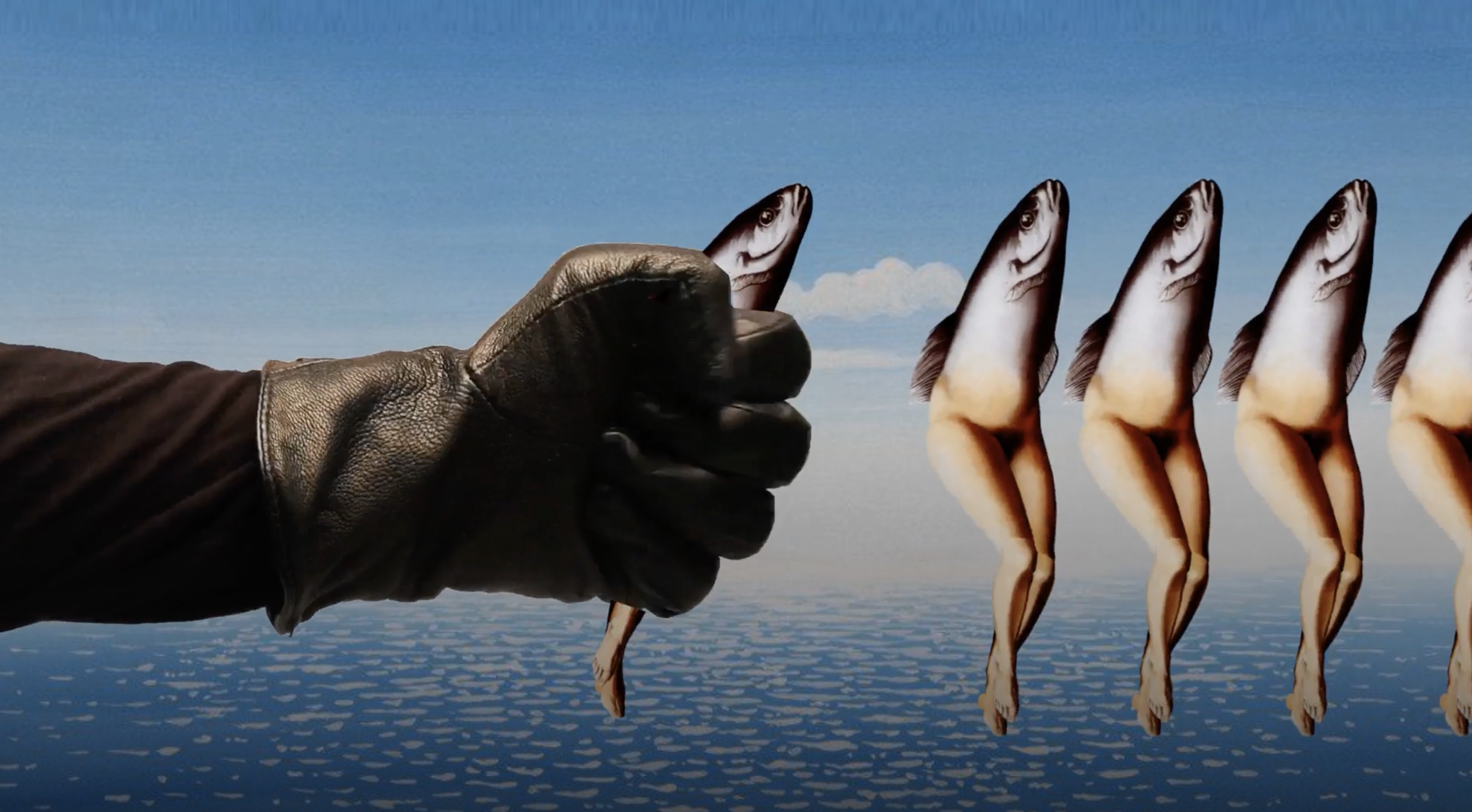 A whimsical and surreal image of a gloved hand gripping the tail of a fish with human legs, as part of a line of similar fish-legged hybrids. The scene takes place above a vast body of water under a bright blue sky, blending absurdity with artistic elements.