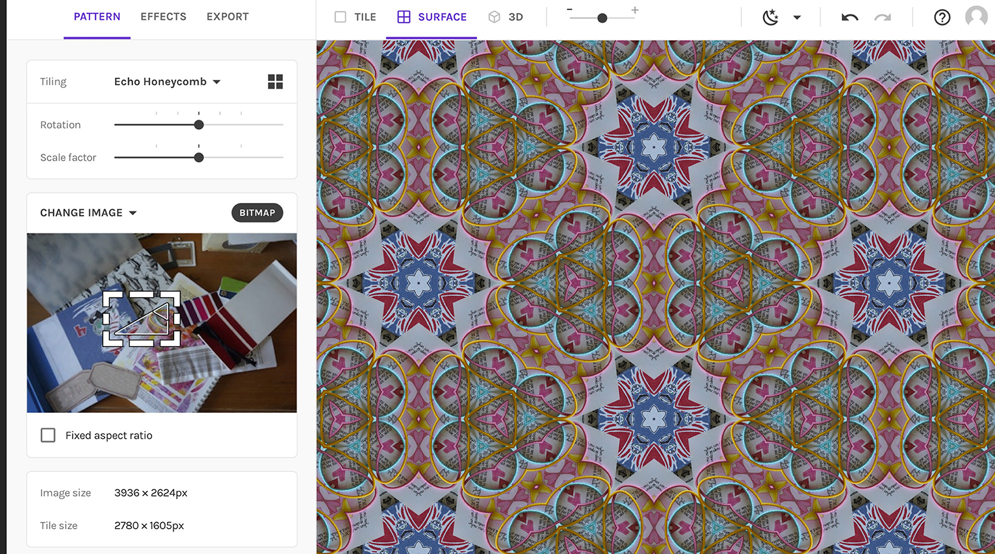 Beispiel für die Mustererstellung mit dem Programm Repper (eine geöffnete Seite des Programms, links das Foto, aus dem das Muster (rechts im Bild) gerade erstellt wird. Weiter zu sehen sind verschiedene Einstellungsoptionen für das Muster