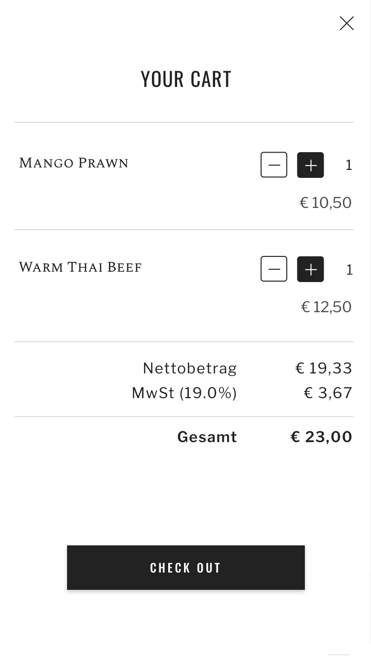 Shopping cart of the seatris app to which two dishes have been added