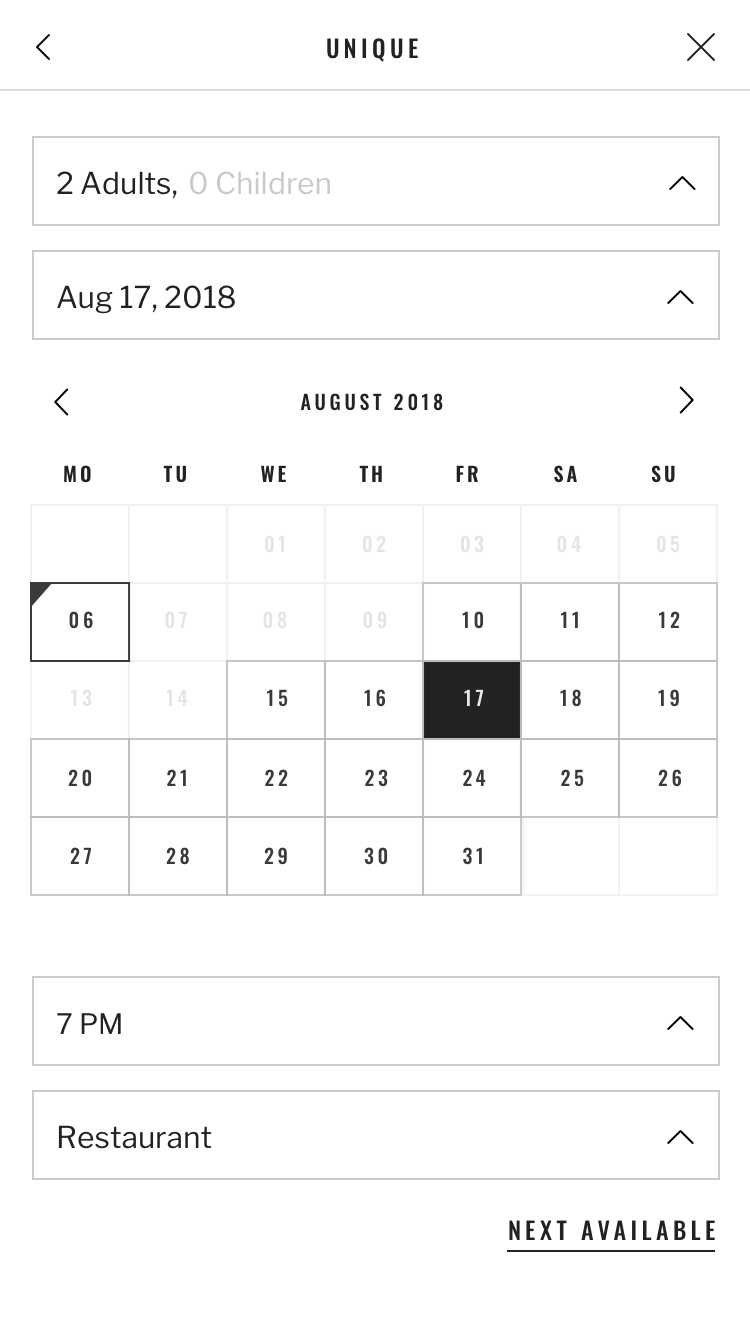 Screen with the calendar view for the reservation from the Seatris app