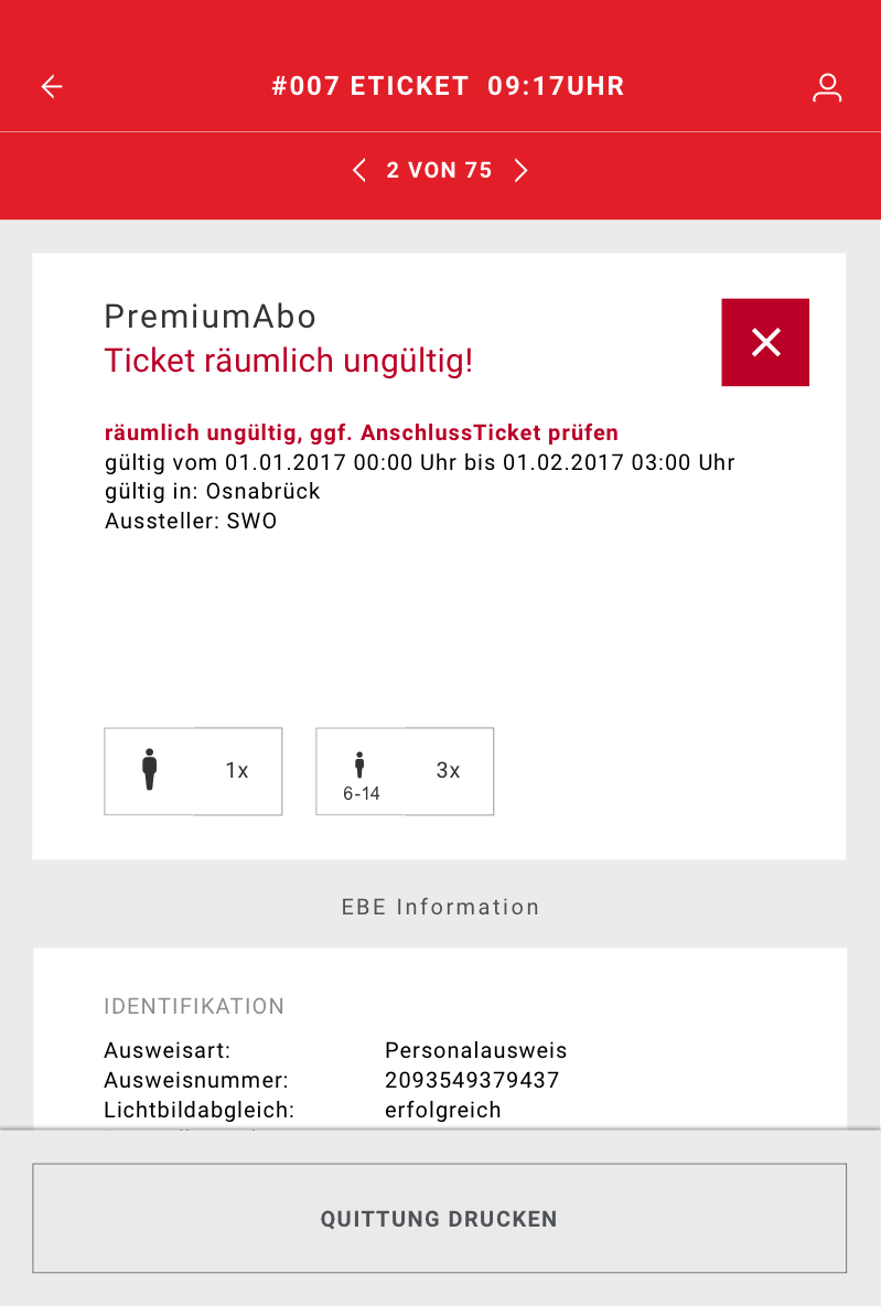 Screen of the application showing the invalidity of a ticket