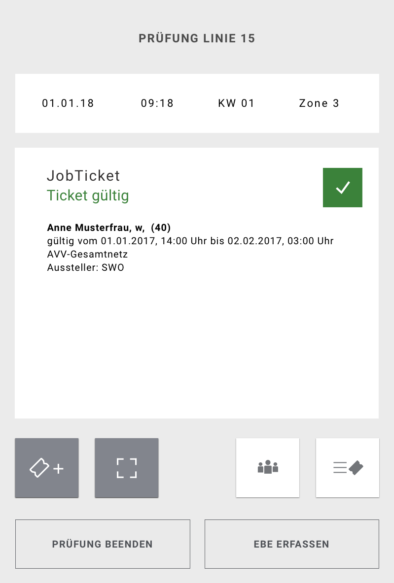 Screen of the application showing the confirmation of the validity of a ticket